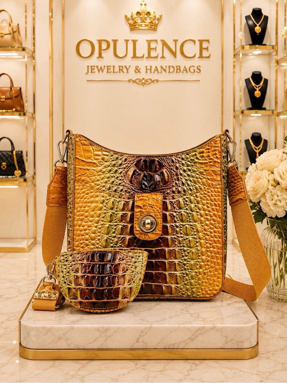Croc-Embossed Yellow Brown Shoulder Bag with Strap